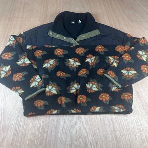PacSun Floral Fleece Pullover 🌸 XS Black Orange Cozy Snap Collar Fall Vibes
